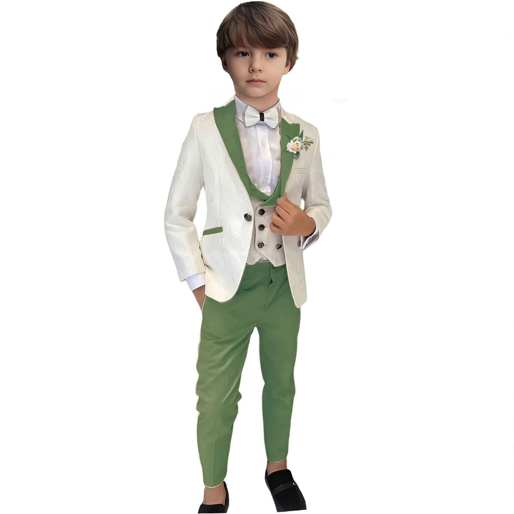 Tuxedo Suit for Boys Jacquard 3 Piece Slim Fit Formal Outfit Blazer Vest Pants Set (Sage12 Years)
