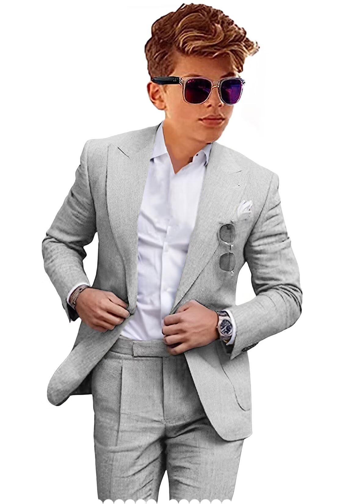 Kids Linen Suit for Teen Boys Summer Wedding Prom 2 Piece Suit Teenage Slim Fit Grey Tuxedo Suit Blazer Pants Set Size 18