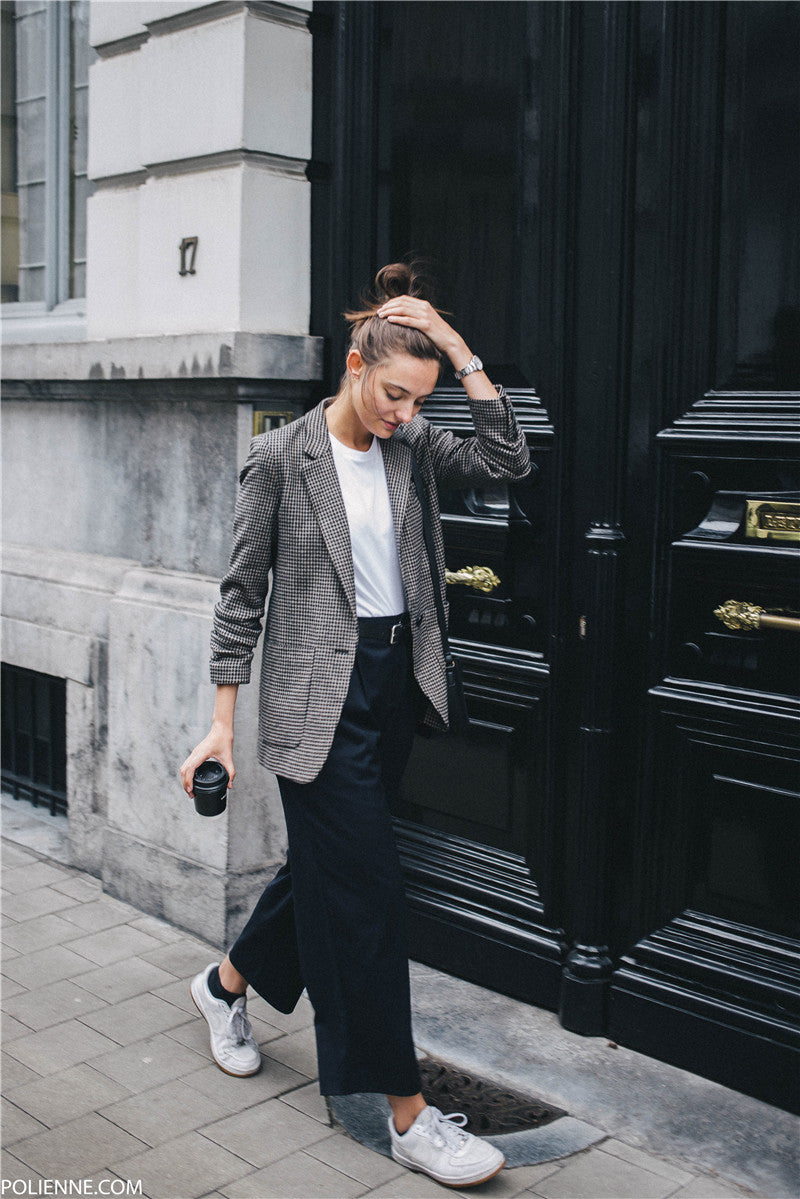 Chic Houndstooth Long Wool Blend Blazer Coat