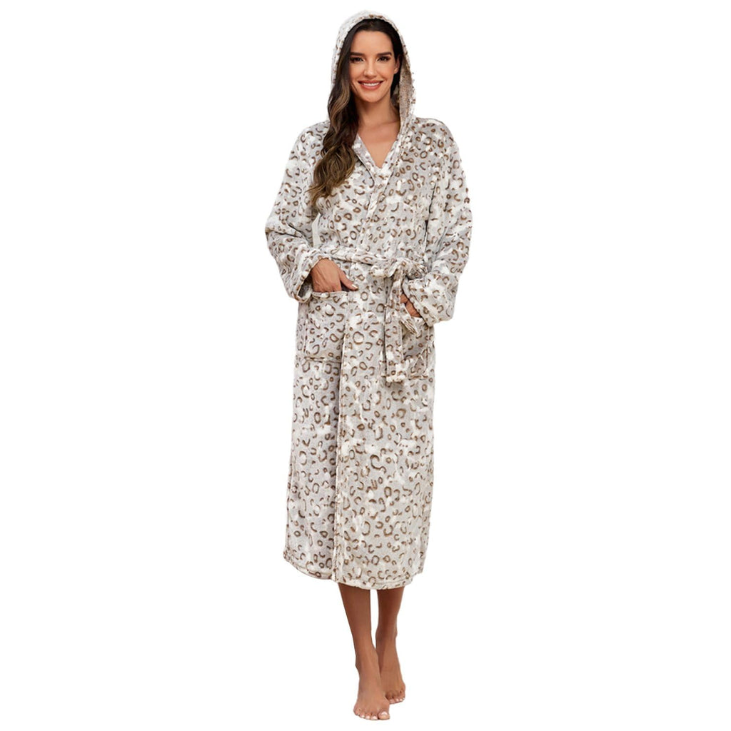 RONGTAI Leopard Print Hooded Bathrobe for Women Long Shawl Collar Fleece Womens Robe with Pockets and Belt (L Brown)