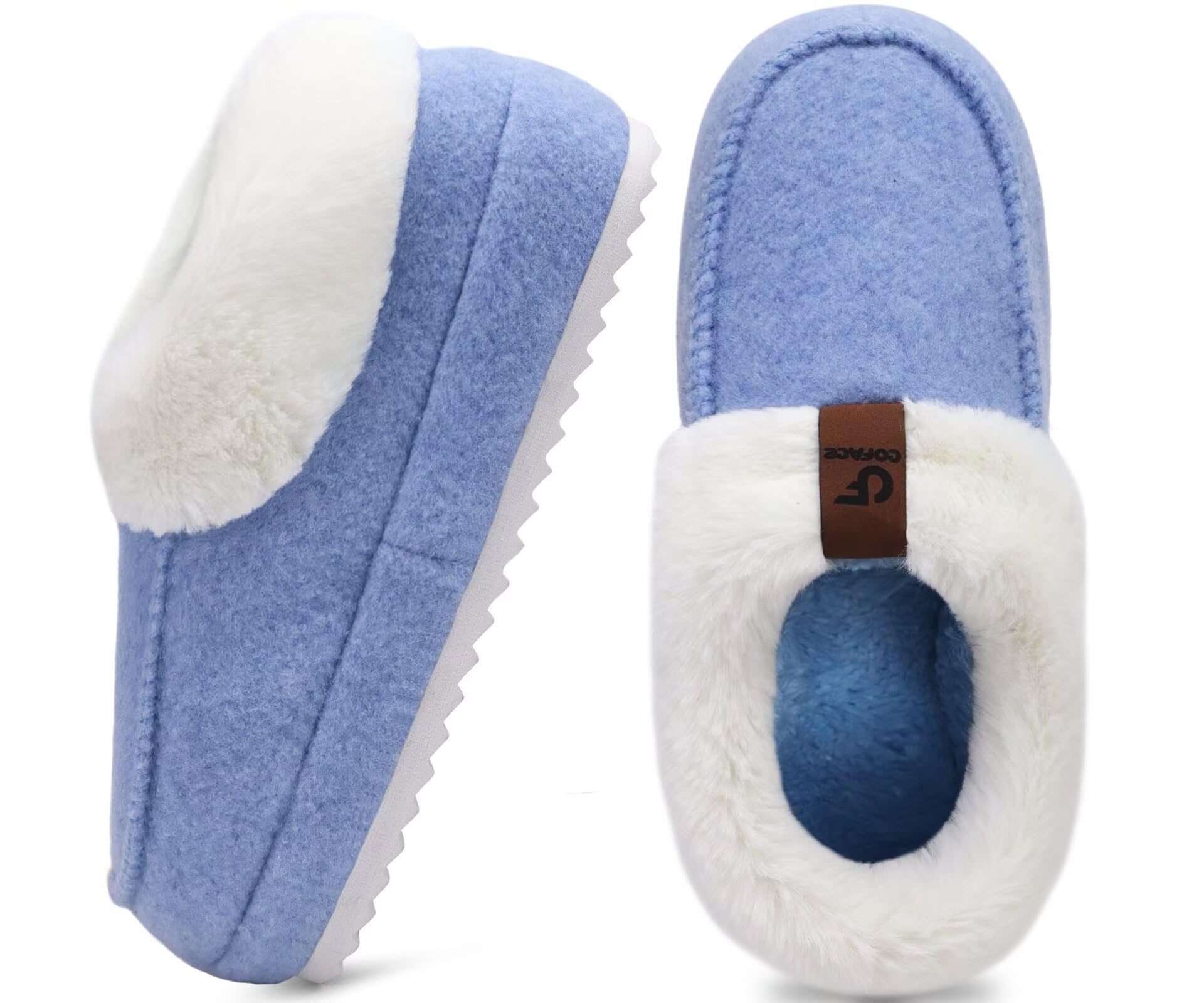 COFACE Womens Warm Fuzzy House Slippers Arch Support Memory Foam Comfort Recovery Platform Winter Moccasin Shoes Ladies Bootie Orthotic Plantar Fasciitis Indoor Outdoor Hard Rubber Sole Blue Size 10