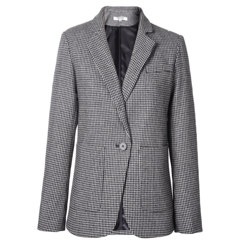 Chic Houndstooth Long Wool Blend Blazer Coat