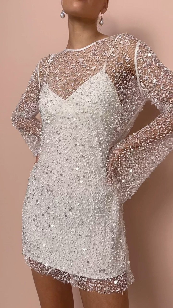 See-through Mesh Two-piece Set Foam Beads Sling Dress