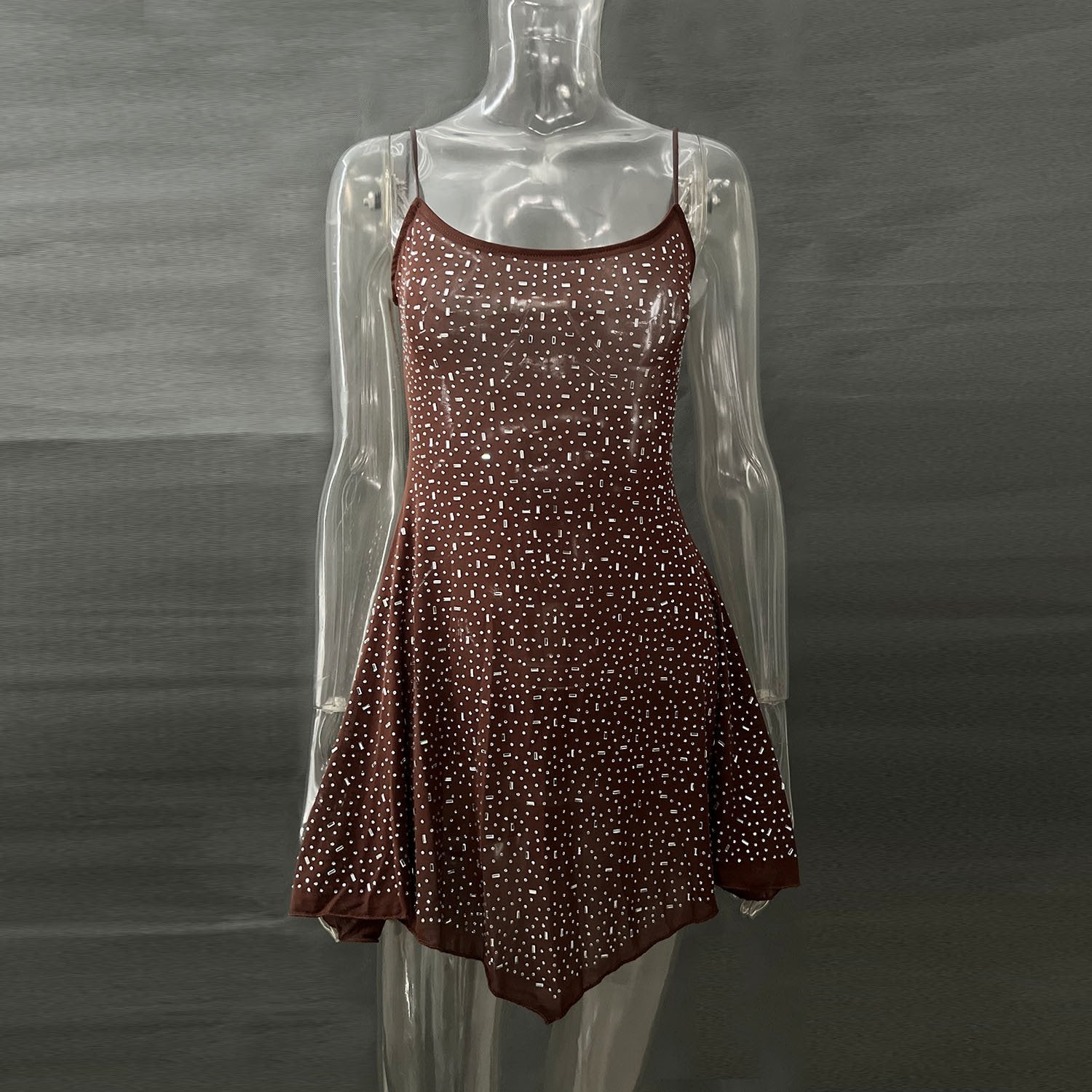 Semi-See-Through Sling Dress with Hot Drilling Detail