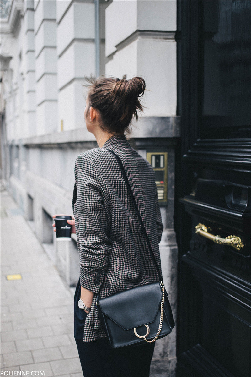 Chic Houndstooth Long Wool Blend Blazer Coat