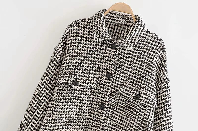 Loose Houndstooth Wool Blend Coat for Women