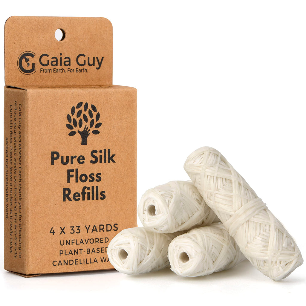 Gaia Guy Silk Dental Floss Refill | Unflavored Natural Silk | 4 spools x 33yds | Compostable Sustainable & Biodegradable Silk Flossing Thread & Eco-Friendly Packaging