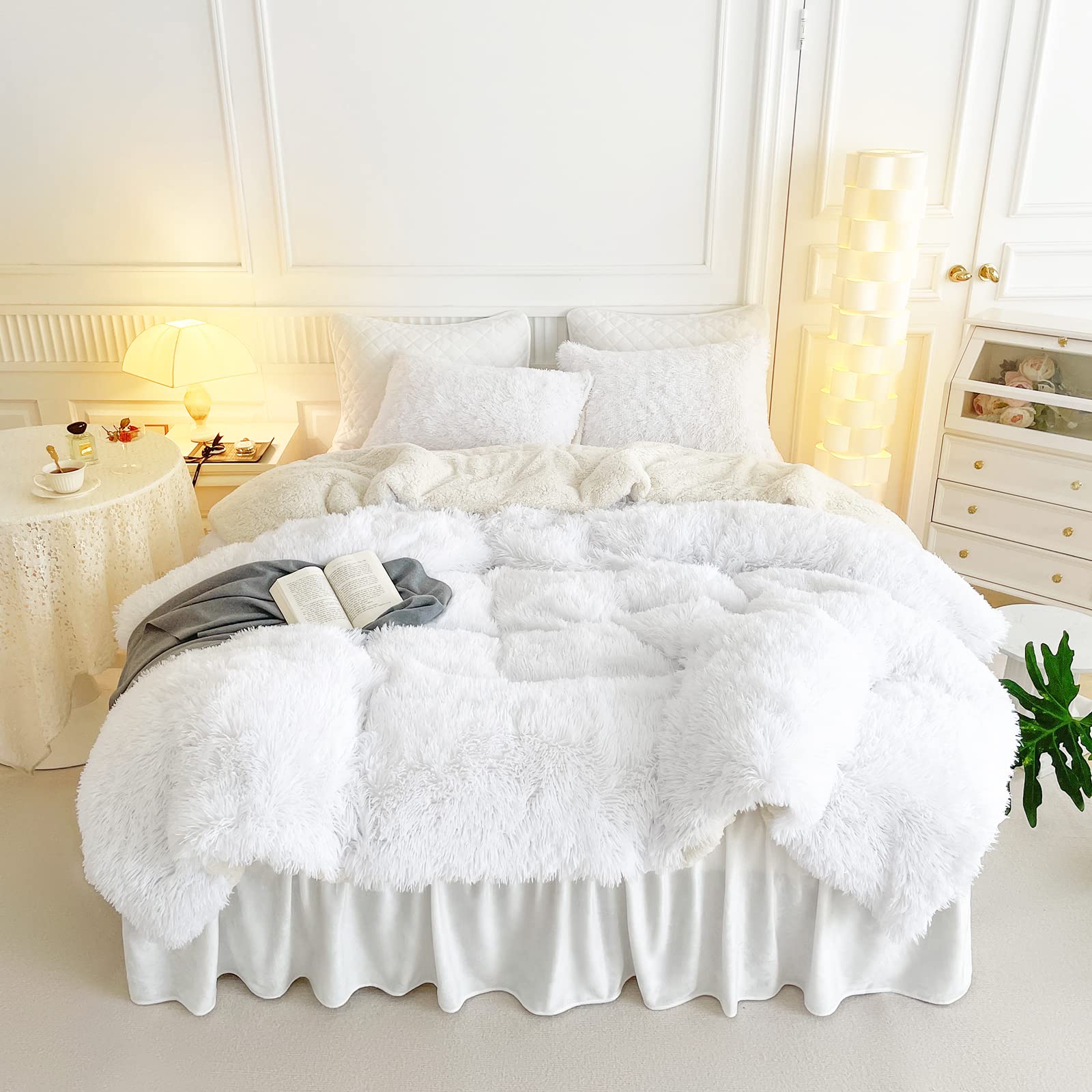 UOZZI BEDDING White Faux Fur Comforter Set Queen 3 Pieces - 1 White Shaggy Comforter Set and 2 Pillowcases Ultra Soft and Easy Care Luxury Plush Shaggy Duvet Set