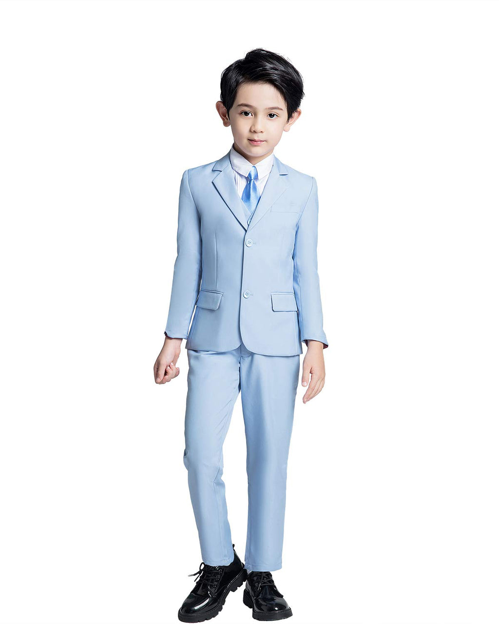 YuanLu Boys Suit 5 Piece Kids Formal Tuxedo for Boy Blazer Vest Pants Shirt and Tie Blue Size 8