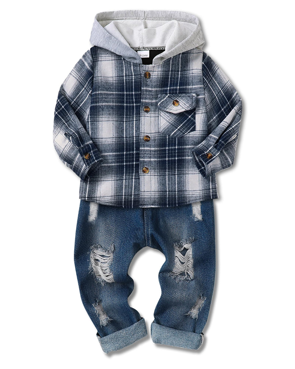 ZOEREA Toddler Baby Boys Clothes Outfits Kids Hoodie Flannel Shirts Set Plaid Hooded Tops +Jeans Pants Fall Winter Black 3-4T