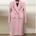 Houndstooth Peak Lapel Pink Wool Coat (One Piece)