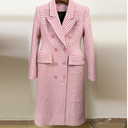 Houndstooth Peak Lapel Pink Wool Coat (One Piece)