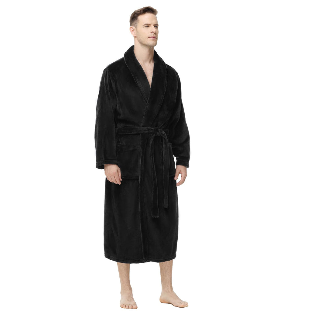 Yurhap Mens Fleece Robe Soft Plush Robe for Men Mens Bathrobe Spa Robe with Belt & 2 Pockets. Black