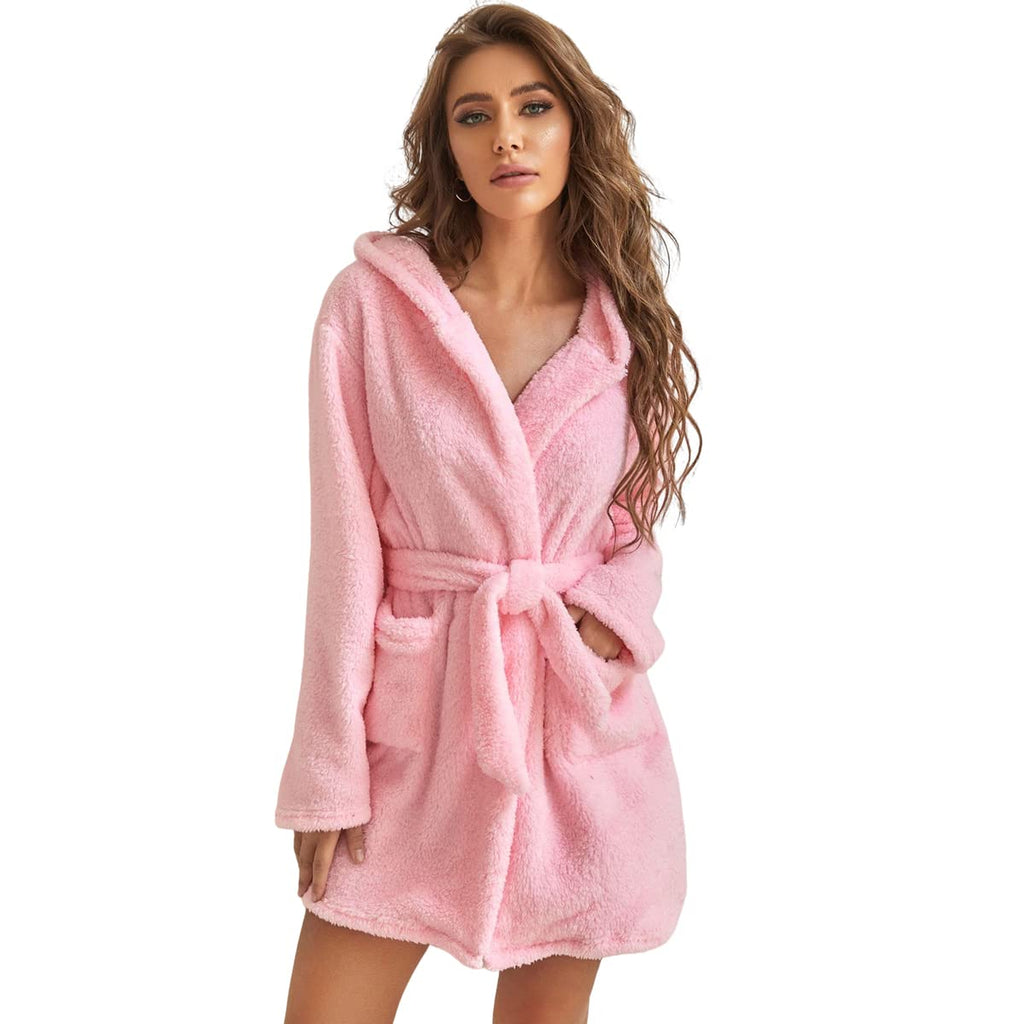 Womens Flannel Plush Short Hooded Robes Soft Warm Pajama Lounge Robe Bathrobe