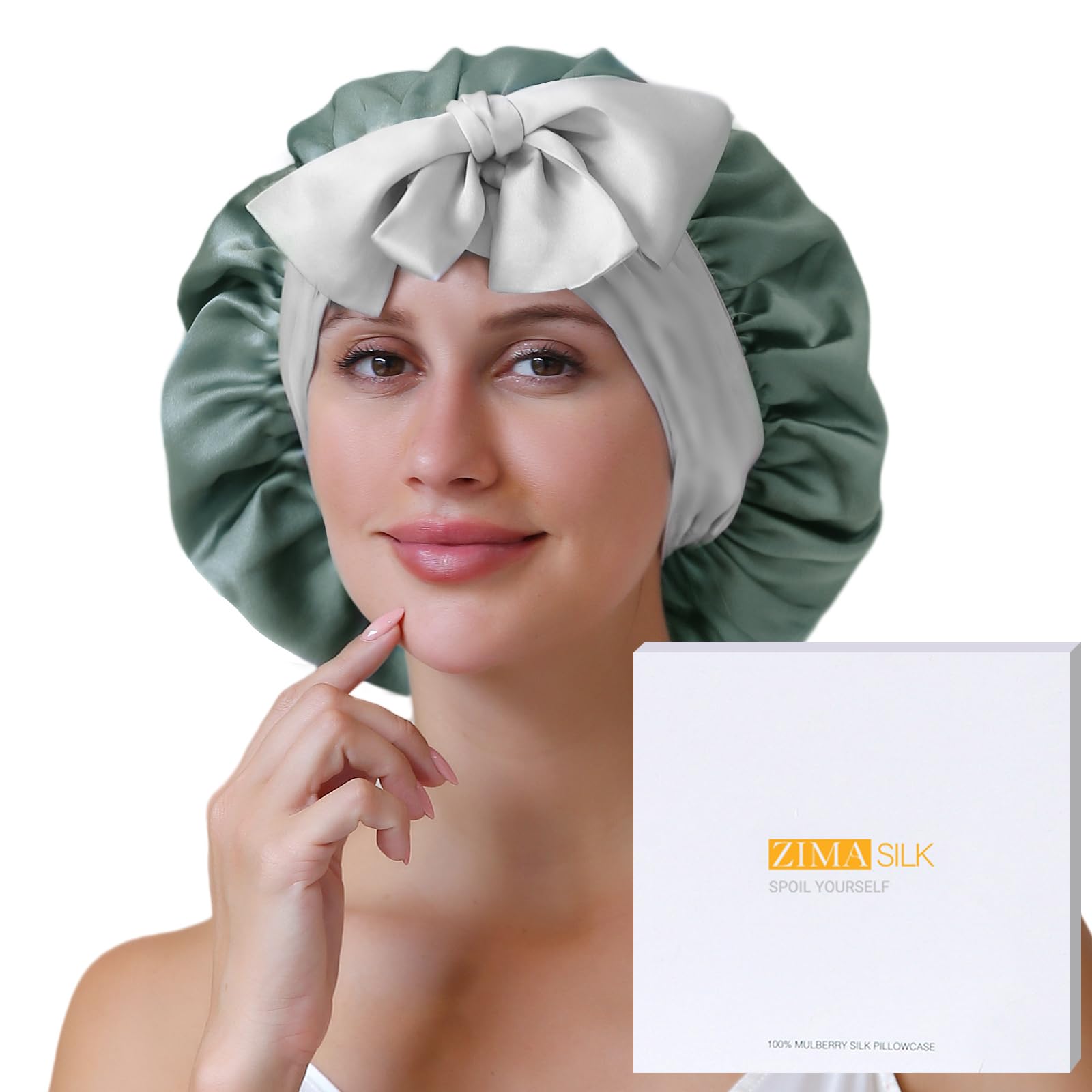 ZIMASILK 100% Mulberry Silk Bonnet for Sleeping Women Long Hair Double Layer Silk Hair Wrap with Silk Tie Band Natural Silk Cap for Hair Care Stay on Head (1Pc Grayishgreen + Lightgrey)