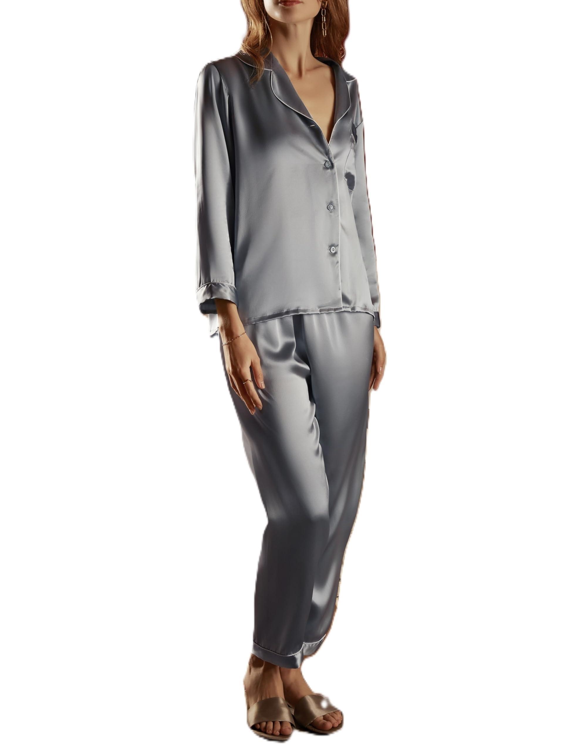 Ginell Tranquility Series Womens Silk Pajamas Set 100% Mulberry Silk Solid Colors Button Front 2 Piece Silk PJ Set Dusty Blue