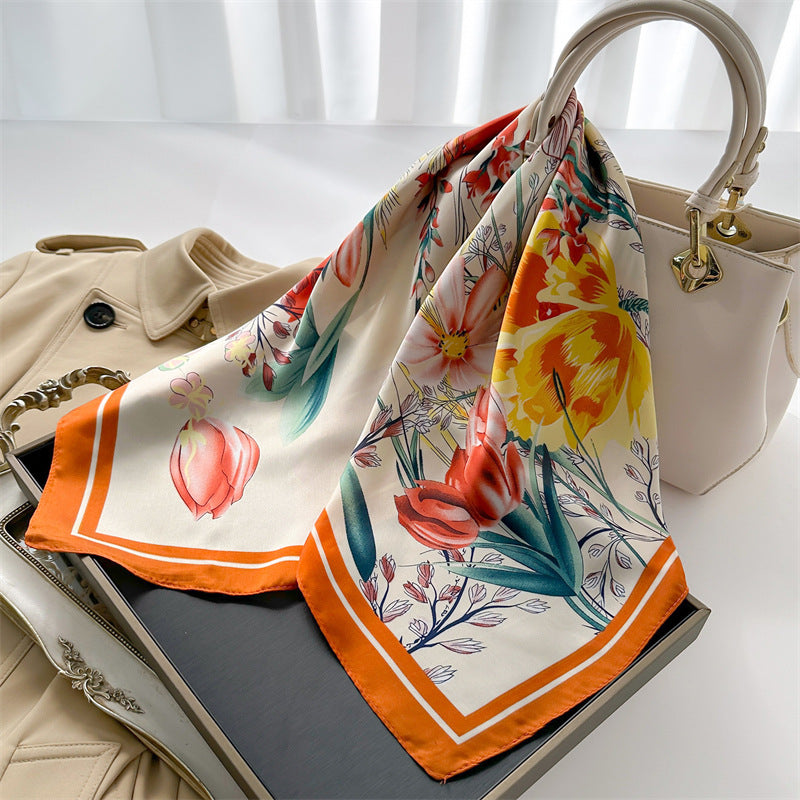 Korean Style 70cm Square Silk Scarf with Letter Print