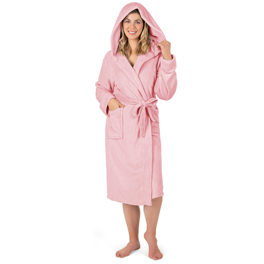 PAVILIA Pink Women Robe with Hood Fleece Lightweight Soft Long Hooded Robe for Women Plush Fuzzy Cozy Warm Bathrobe Shower Spa House L/XL