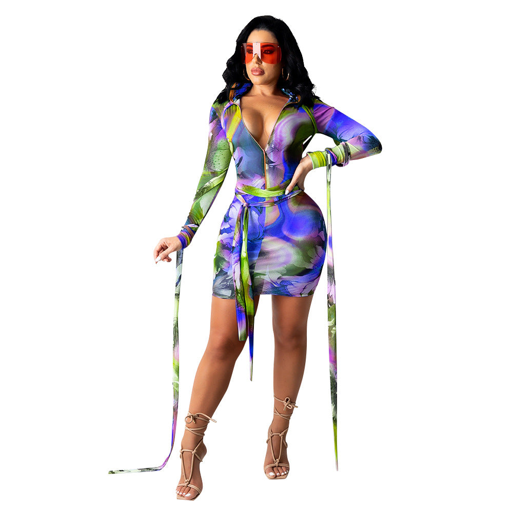 Women's Printed Mesh See-Through Dress