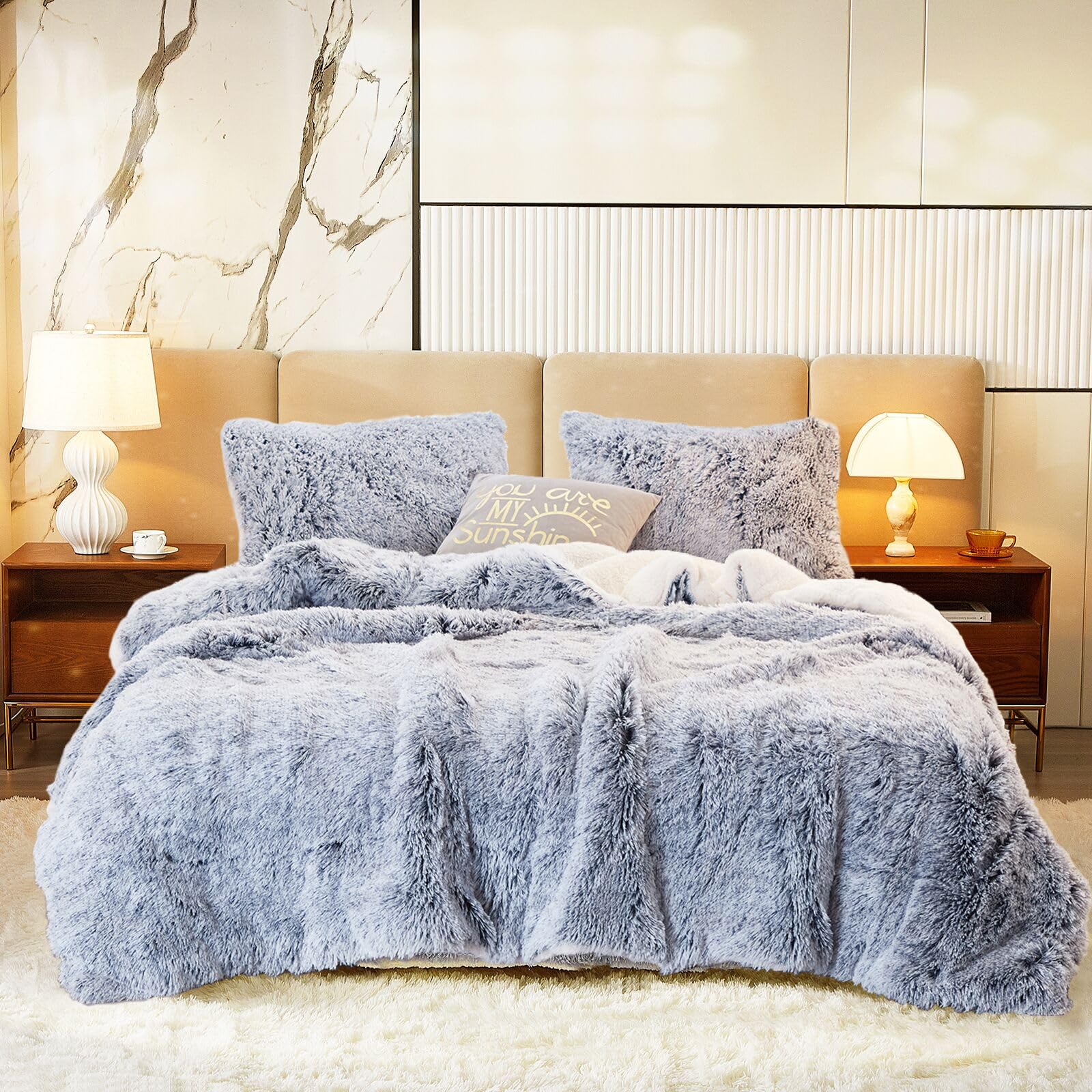 Luxury Faux Fur Shaggy Comforter Set King Size Plush & Sherpa Reversible Comforter Grey with White 3 Pieces Fluffy Fuzzy Bedding Set Ultra Soft and Warm for Winter (1 Comforter + 2 Pillowcases)