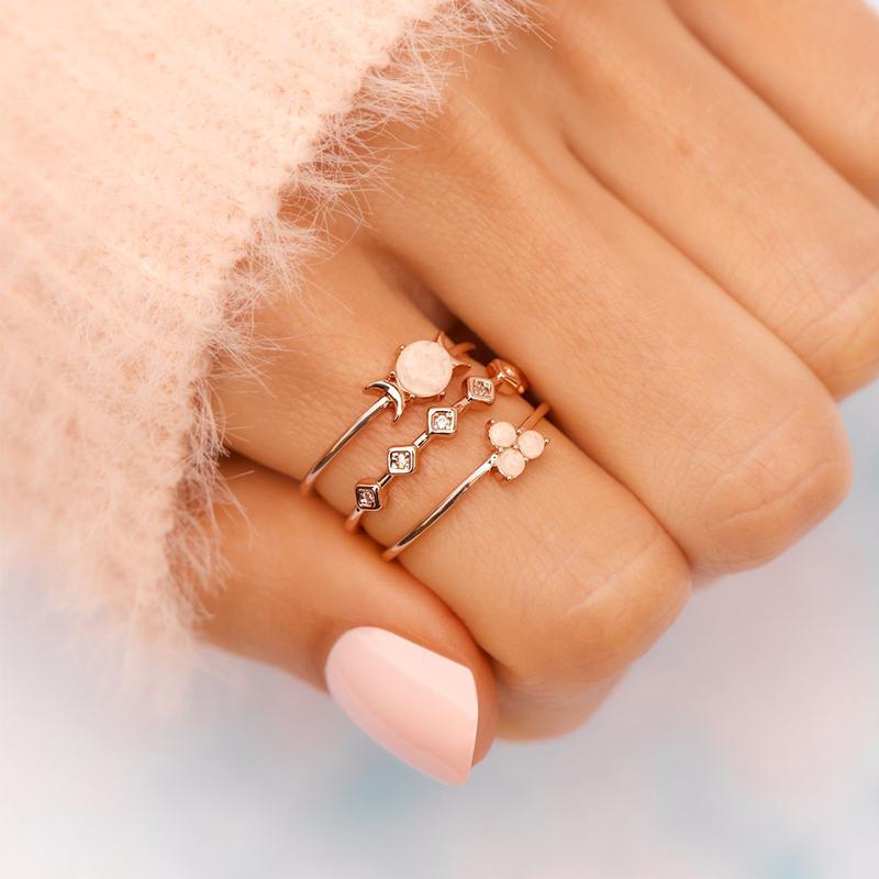 Simple Moon Opal Three-Piece Ring Set for Women