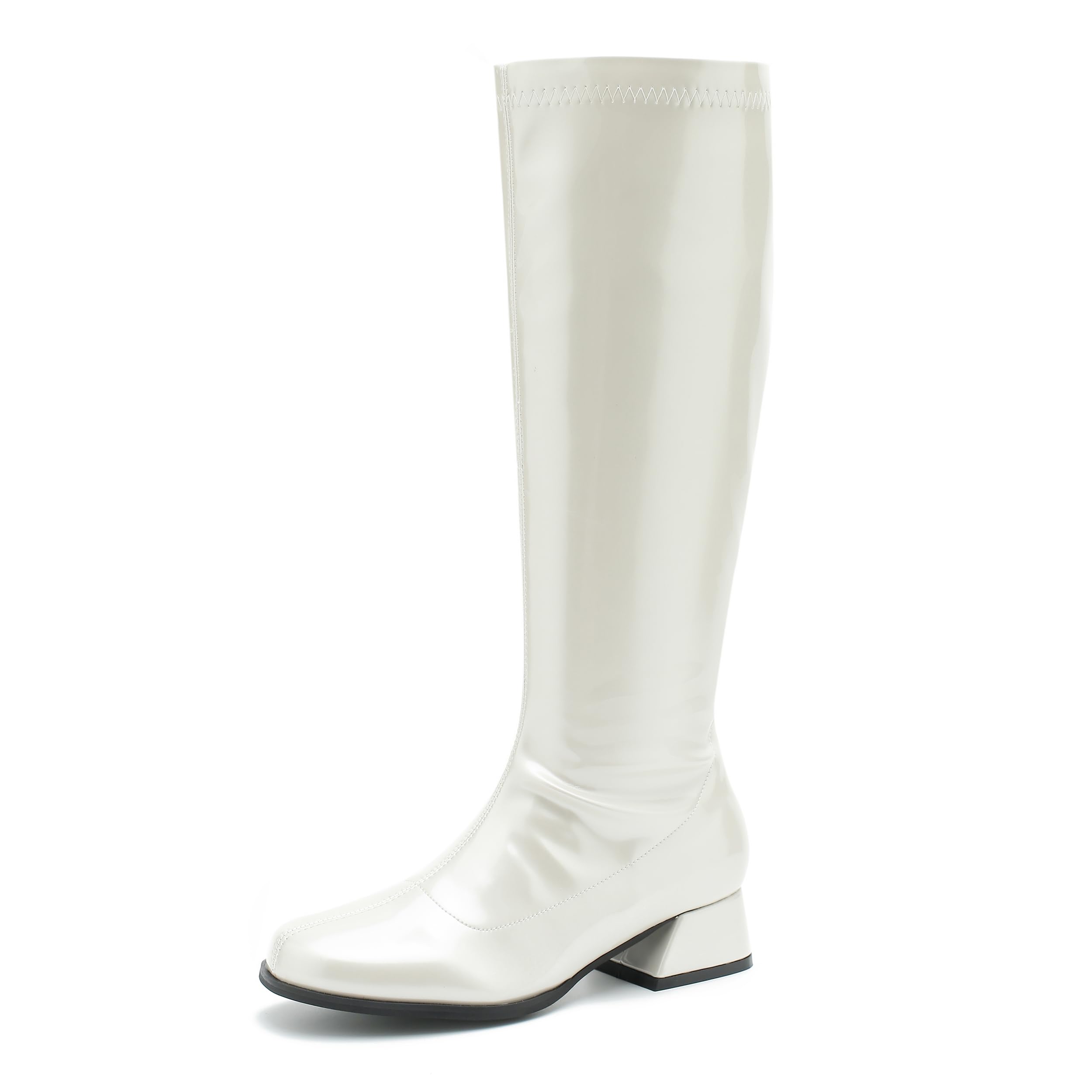GOGO Boots for Women Knee High Boots Low Block Heel Zipper Boots Ladies Party Dance Shoes Pearl White 44 - US 11