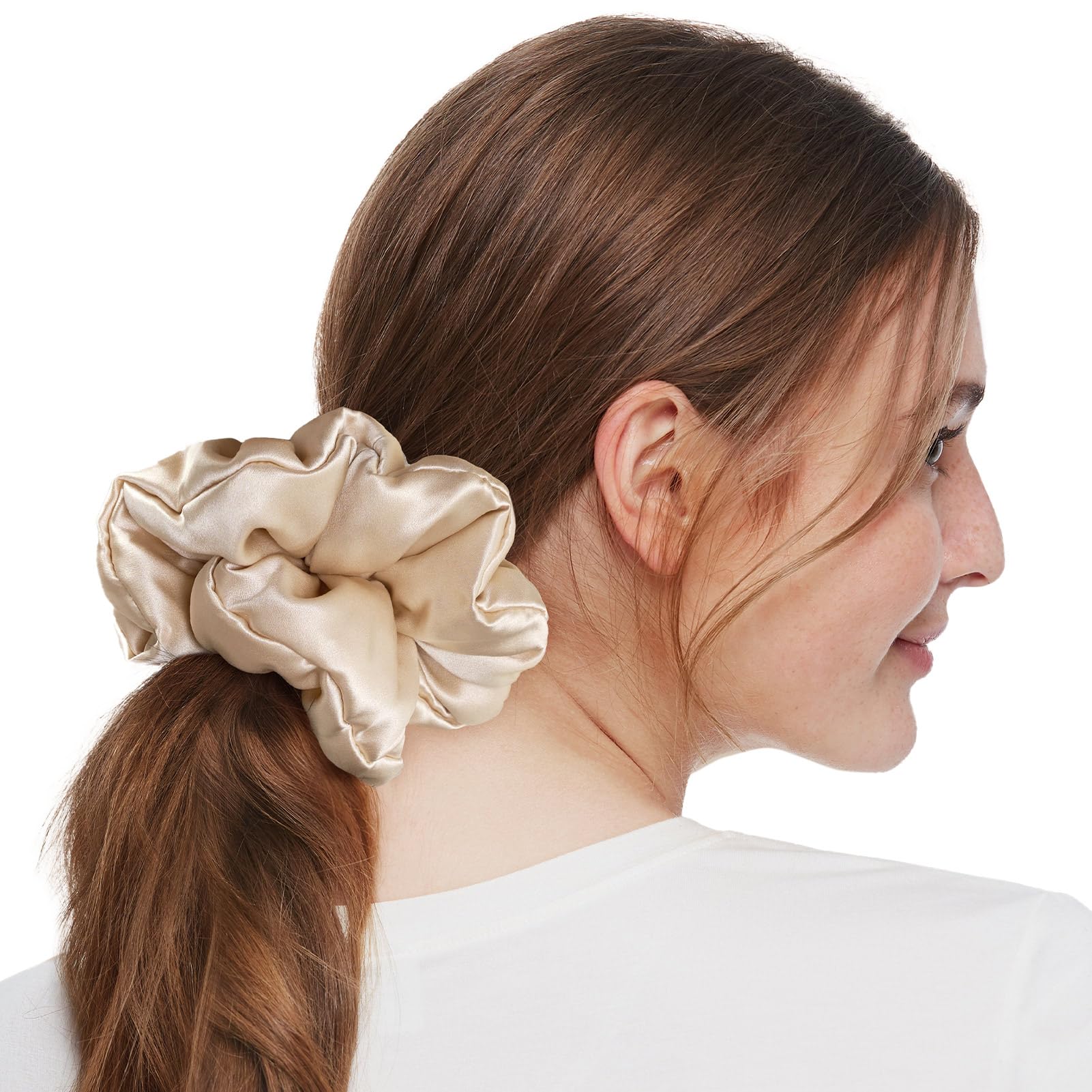 LILYSILK Large Silk Scrunchies for Hair Sleeping Big Silk Hair Ties Womens 100% Silk Ponytail Holders Oversized Mulberry Silk Scrunchies Jumbo Giant Silk Filled Scrunchies Gravel Gold