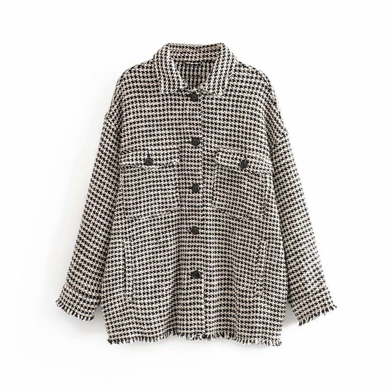 Loose Houndstooth Wool Blend Coat for Women