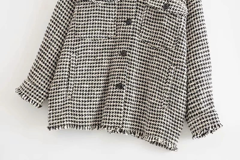 Loose Houndstooth Wool Blend Coat for Women