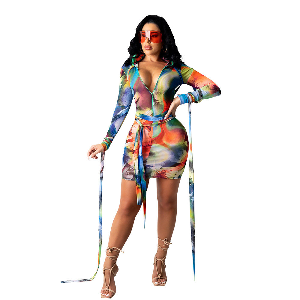 Women's Printed Mesh See-Through Dress