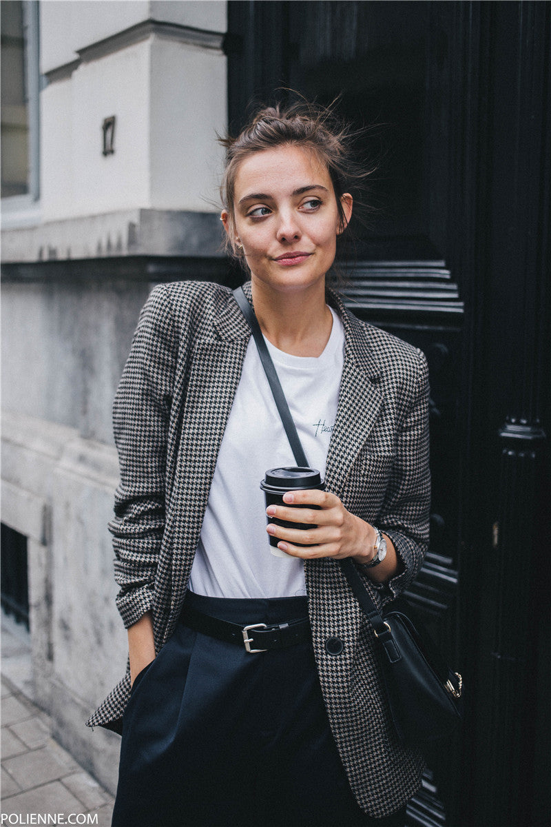 Chic Houndstooth Long Wool Blend Blazer Coat