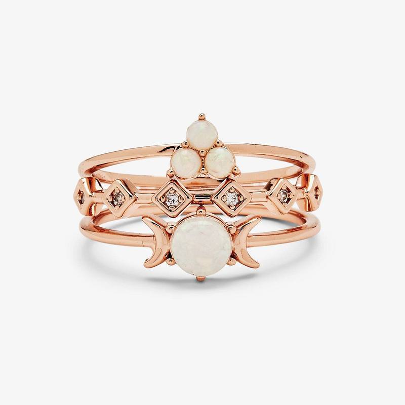 Simple Moon Opal Three-Piece Ring Set for Women