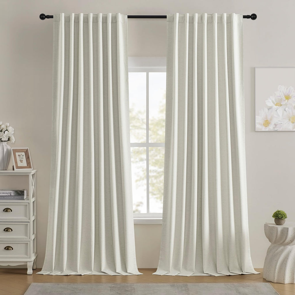 BSfullts Full Blackout Linen Curtains 108 Inch Long Natural Pinch Pleated Back Tab Cream Drapes Room Darkening Noise Reducing Curtains for Bedroom Living Room 2 Panels Set 52W