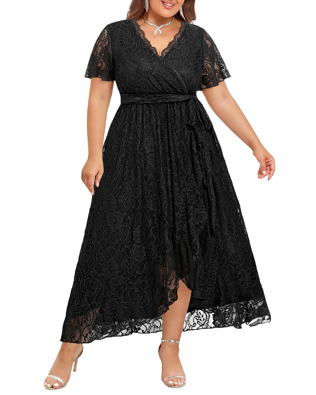 Plus Size Dresses Wedding Guest Formal Black Cocktail Lace Fall Funeral High Low Semi Formal Curvy Long Dress