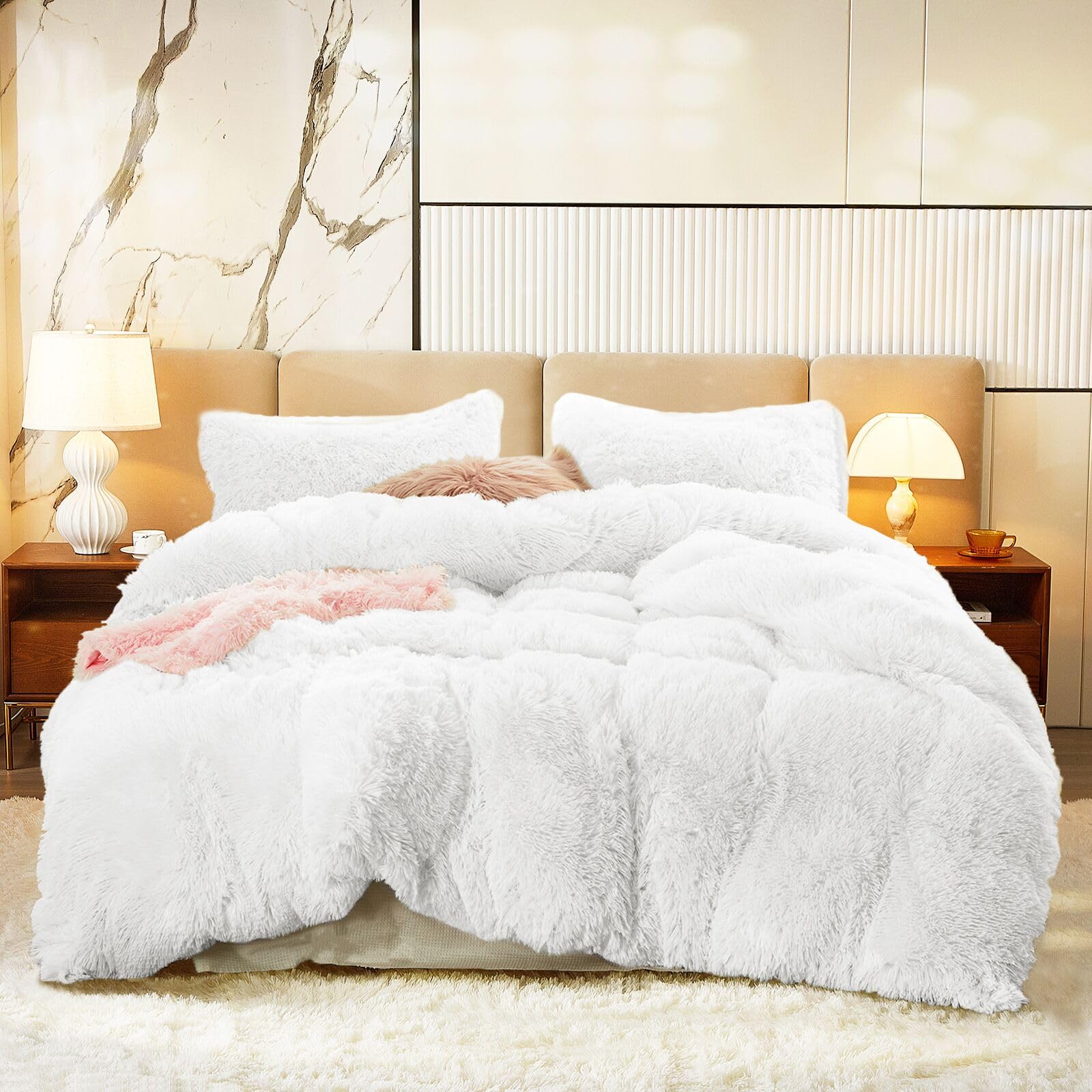 Luxury Faux Fur Shaggy Comforter Set Twin Size Plush & Sherpa Reversible Comforter White 3 Pieces Fluffy Fuzzy Bedding Set Ultra Soft and Warm for Kids (1 Comforter + 2 Pillowcases)