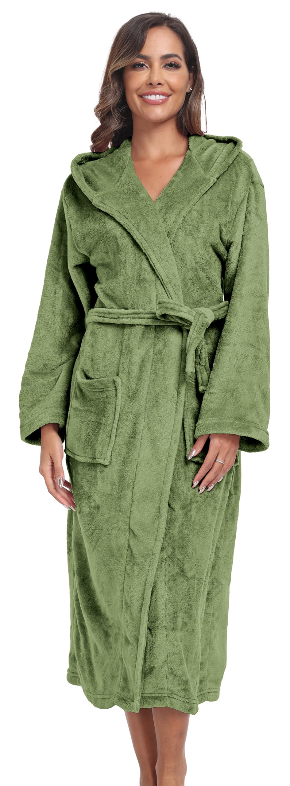 Womens Hooded Plush Bathrobe Warm Fleece Soft Long Robe Fuzzy Full Length Gown Shower Spa House Kimono for Women Grass Green