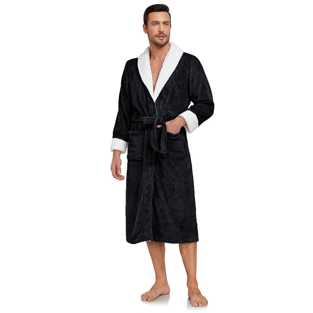 RONGTAI Mens Plush Long Bathrobe Soft and Warm Full Length Shawl Collar Fleece (Black XL)