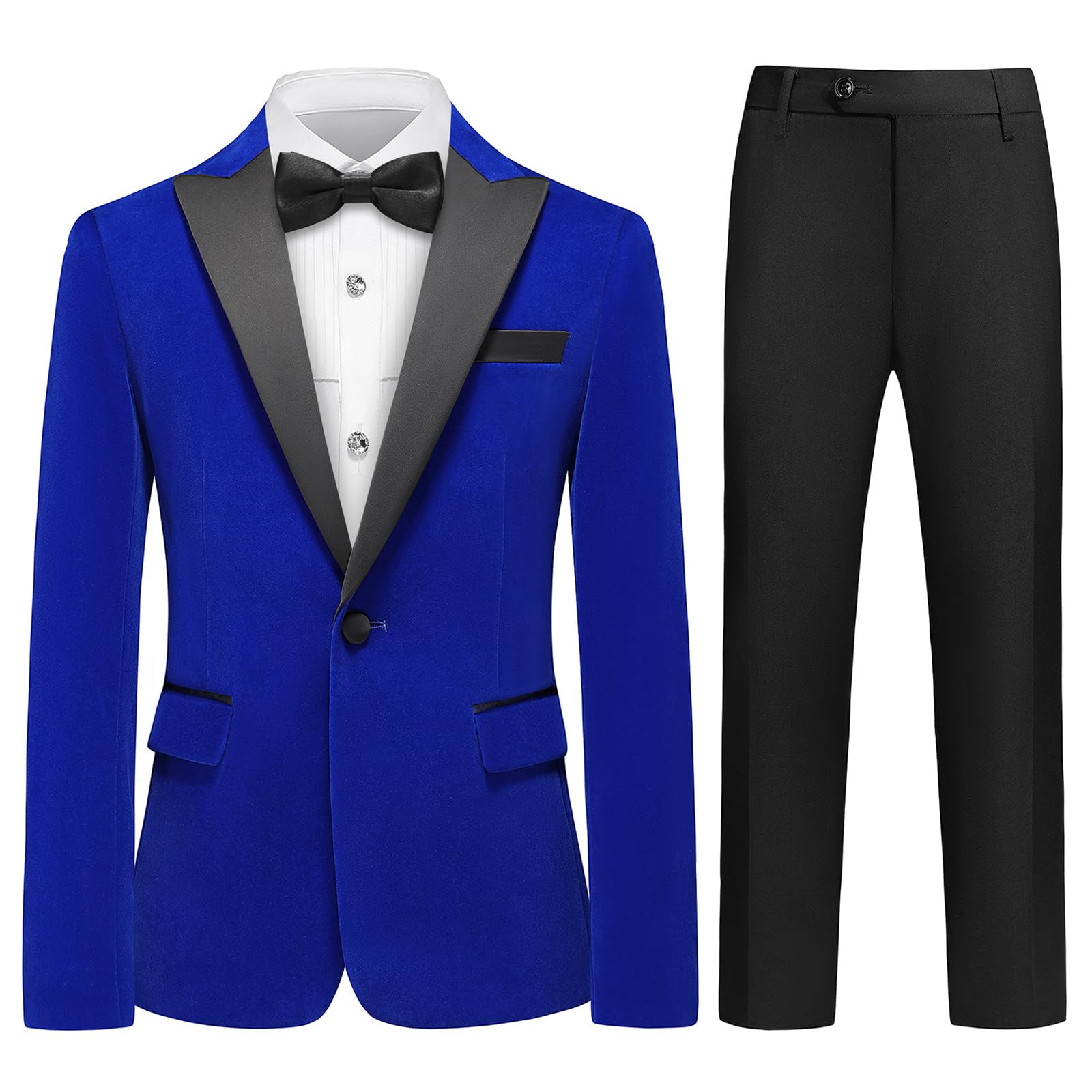 Lamgool Boys Velvet Suit Slim Fit 4 Piece Tuxedo Set with Blue Blazer Jacket Dress Shirt Pant Bow Tie Kids Wedding Formal Outfit Size 7