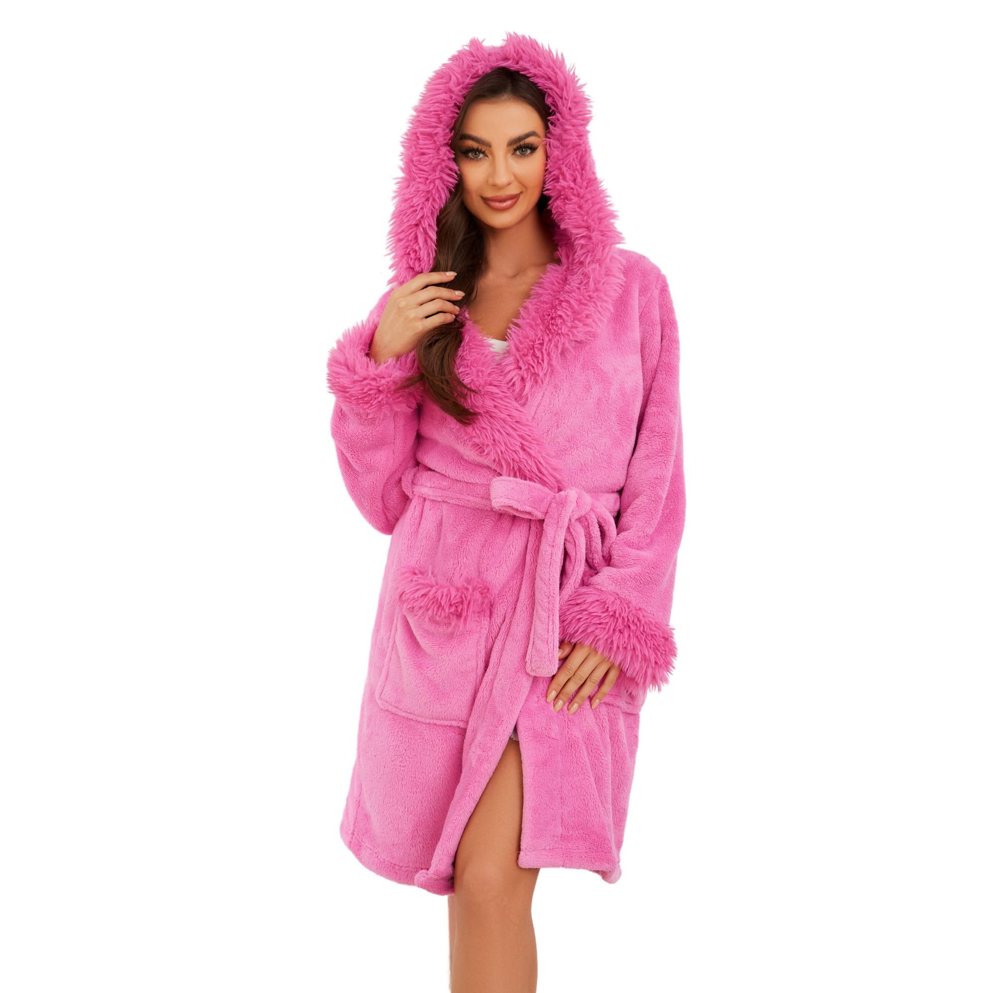 LYCY Women Hooded Plush Short Robe Soft Warm Fleece Bathrobe Fluffy Cute Spa Robe(RoseL/XL)
