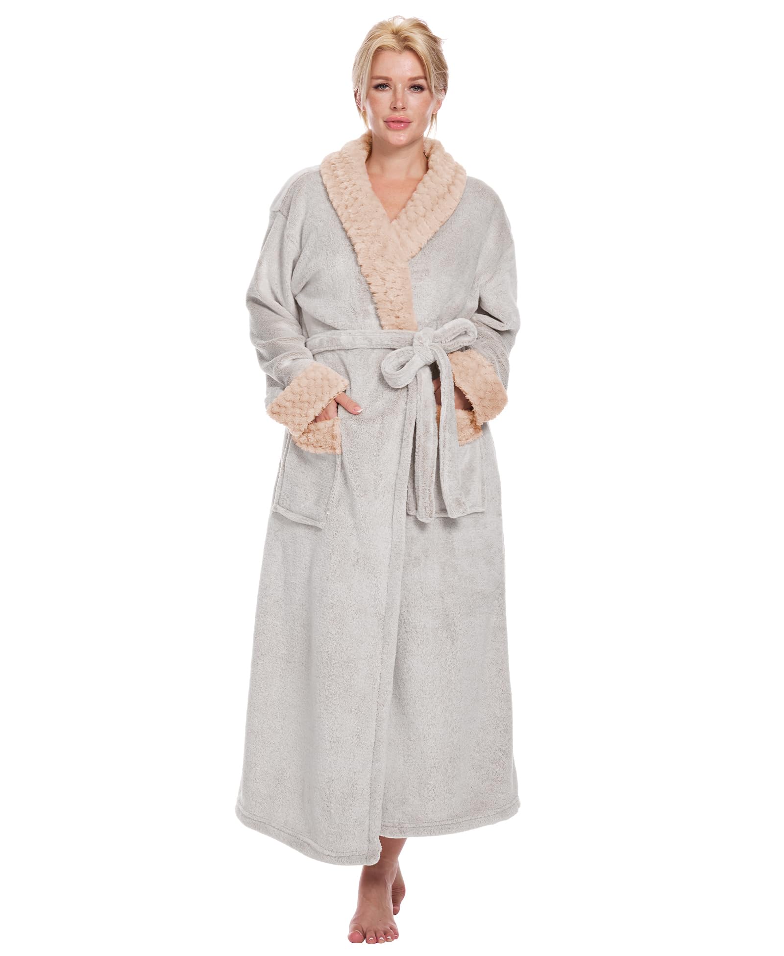 Istylish Plush Robes for Women Fleece Bathrobes with Shawl Collar Warm and Cozy Womens Luxury Robes Long Beige Large
