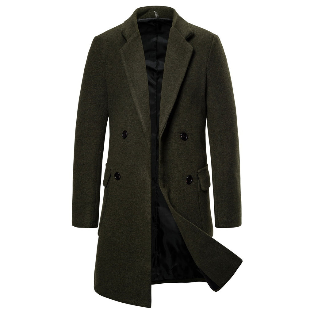 Men's Double-Breasted Casual Woolen Trench Coat