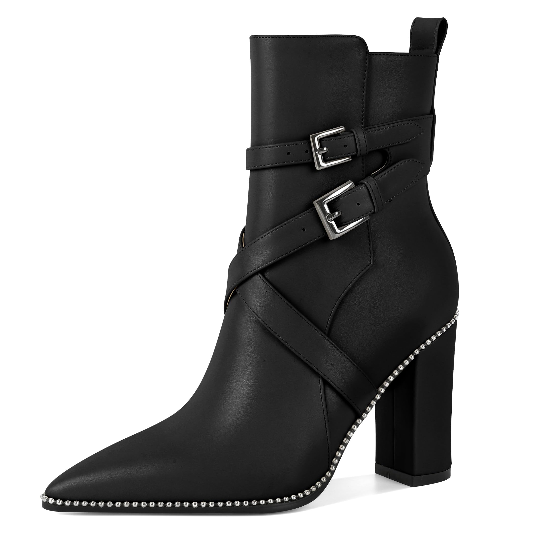 AUMOTED Chunkys Ankle Boots for Women Pointed Toe High Heel with Beaded Short Boots Slip-on Zipper 3.5" Ladies Dress Ankle Boots Shoes Matte Leather Black US Size 9