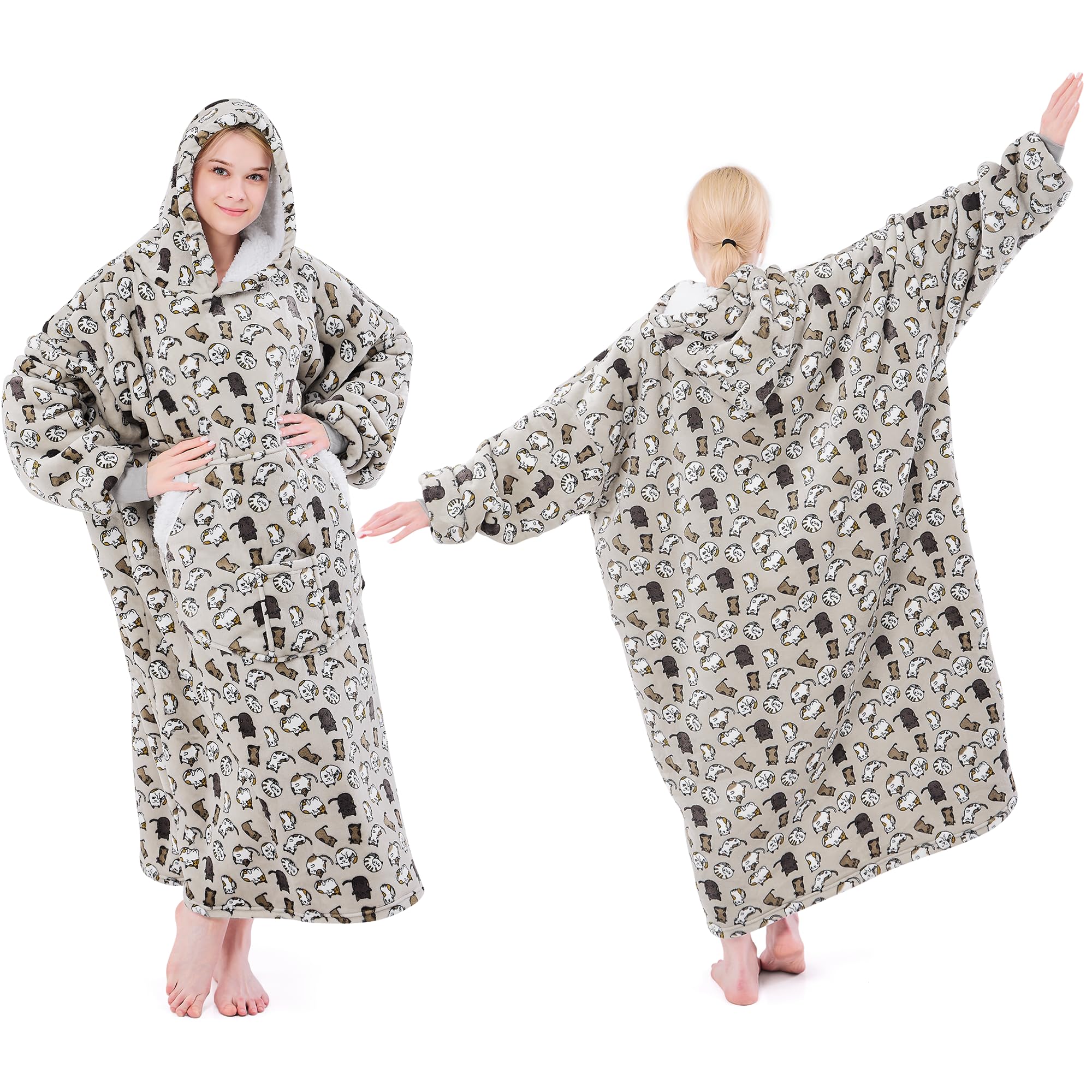 NORD ECO Wearable Blanket Hoodie Oversized Sherpa Fleece Hooded Sweatshirt Blanket with SleevesCozy and Giant Blanket Hoodie Extra Long for Adults Women Winter Gift (Cat)