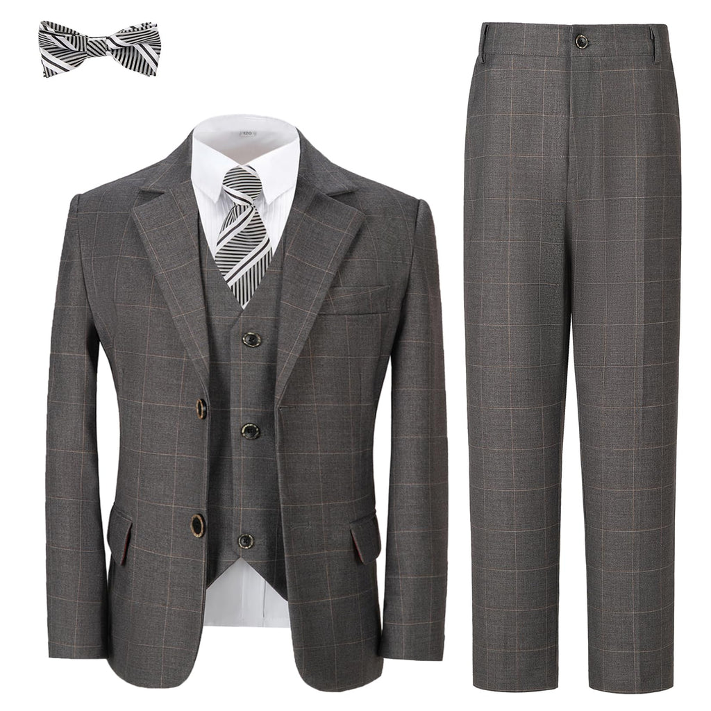 Boy Suits 5 Piece Grey Formal Plaid Kids Tuxedo Suit for Boys Wedding Outfit Slim Fit Prom Performances Dresswear Set Size 12