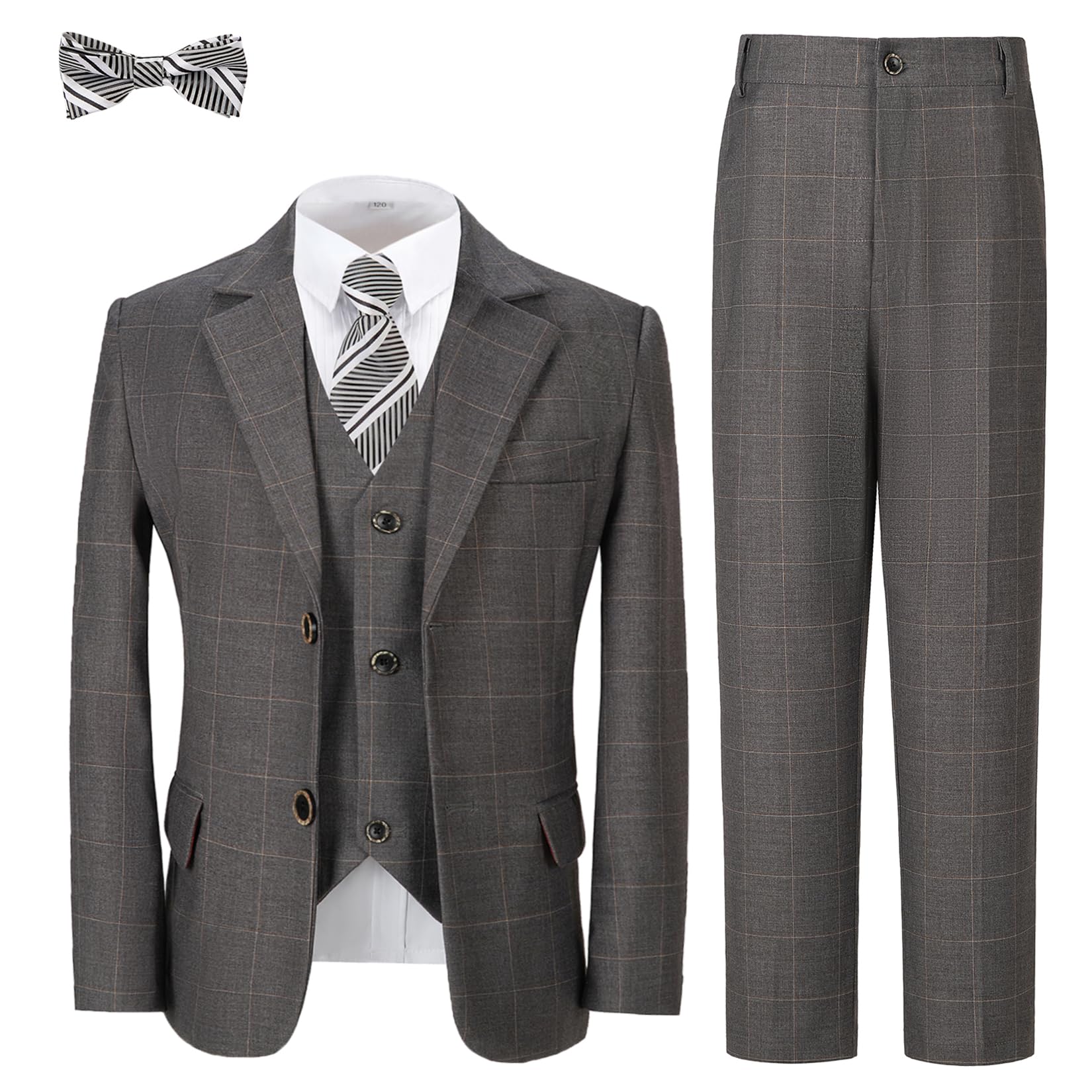 Boy Suits 5 Piece Grey Formal Plaid Kids Tuxedo Suit for Boys Wedding Outfit Slim Fit Prom Performances Dresswear Set Size 12