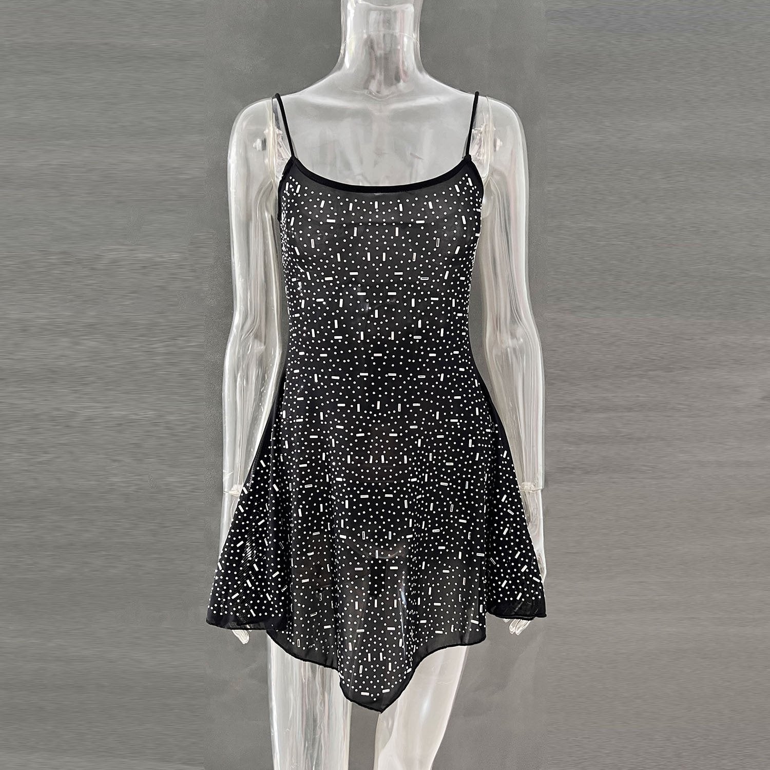 Semi-See-Through Sling Dress with Hot Drilling Detail