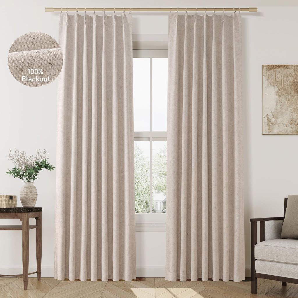 Jowels Oatmeal Linen Pinch Pleated Curtains 100% Blackout Pinch Pleat Curtains 84 Inches 2 PanelsPleated Linen Blackout Curtains for BedroomThermal Insulated Pleated Curtains with HooksW40 x L84