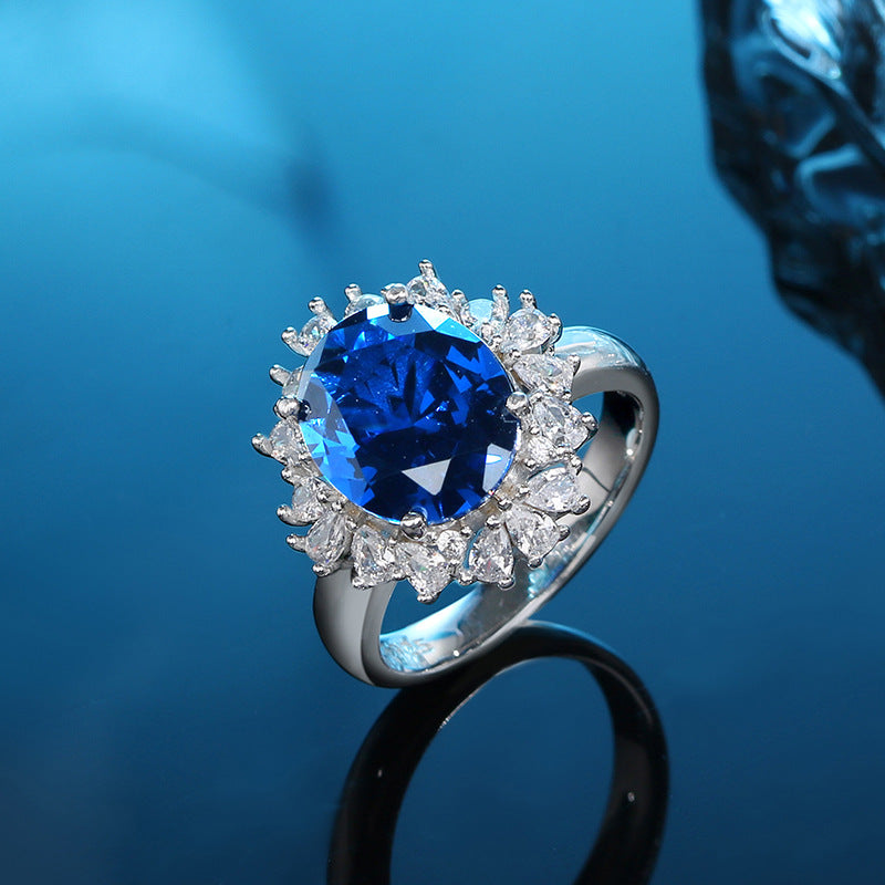 S925 Sterling Silver Rhinestone Sapphire Ring 8K