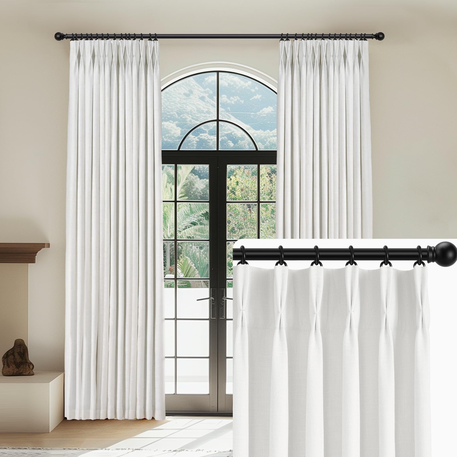 CAPALOCA Linen Pinch Pleated Curtains Blackout 100% Black Out Curtains 95 Inches Long 2 Panels Pinch Pleat Curtains with Hooks Thermal Insulated Blackout Curtains for Bedroom 40Wx95L White